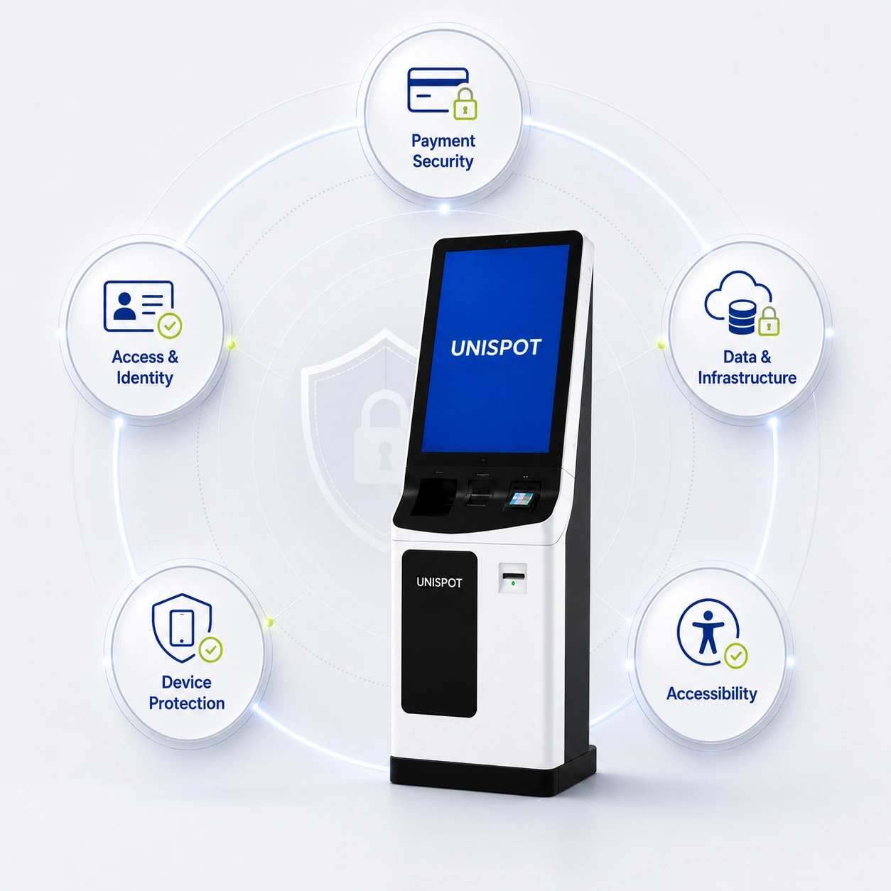 UNISPOT kiosk security and compliance architecture illustration